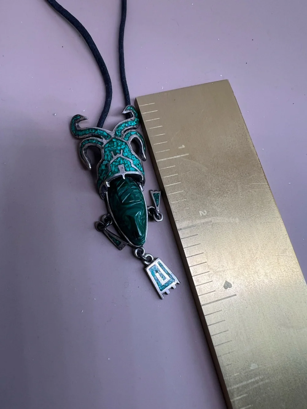VINTAGE TAXCO MEXICO LARGE MALACHITE MASK PENDANT 925 STERLING STATEMENT